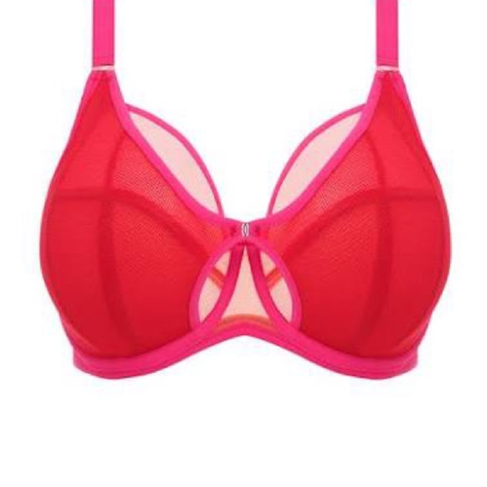 Elomi Kintai Peek-a-boo Plunge - Cha Cha Red Pink Mesh Unlined Bra 40DDD 301202